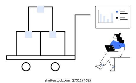 Supply chain, business analytics, inventory tracking, shipping, logistics, ecommerce. A cart with boxes and a woman using a laptop near a data chart. Logistics and business analytics concept