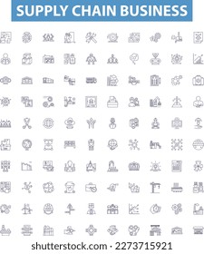 Supply chain business line icons, signs set. Distribution, Logistics, Procurement, Warehouse, Inventory, Manufacturing, Outsourcing, Shipping, Sourcing outline vector illustrations.