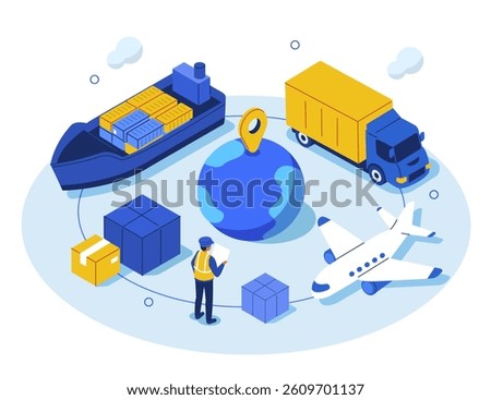 Supply chain with cargo ship, aircraft, goods truck. Сustoms officer inspector at check cargo clearance. Global logistic, delivery, cargo transport concept. Flat isometric vector illustration.