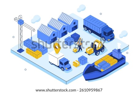 Supply chain with cargo ship, goods truck. Warehouse worker unloading parcel box in transportation van. Global logistic, delivery, cargo transport concept. Flat isometric vector illustration.