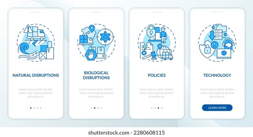 Supply chain challenges blue onboarding mobile app screen. Delivery walkthrough 5 steps editable graphic instructions with linear concepts. UI, UX, GUI template. Myriad Pro-Bold, Regular fonts used