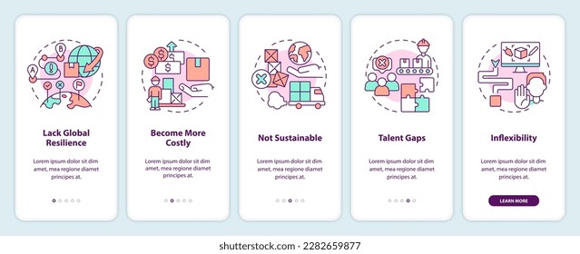 Supply chain challenges onboarding mobile app screen. Delivery walkthrough 5 steps editable graphic instructions with linear concepts. UI, UX, GUI template. Myriad Pro-Bold, Regular fonts used