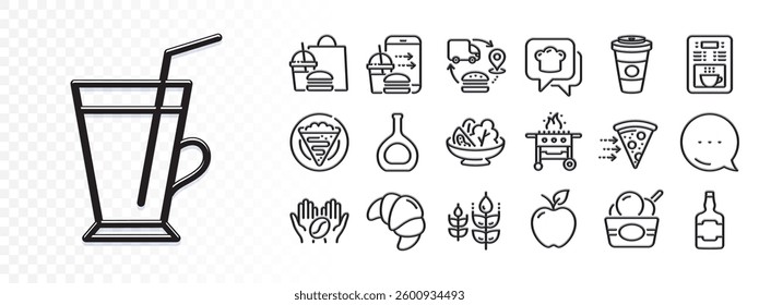 Supply chain, Coffee cup and Food order line icons for web app. Glare of light effect. Message icon. Pack of Food delivery, Gluten free, Cognac bottle pictogram icons. Vector