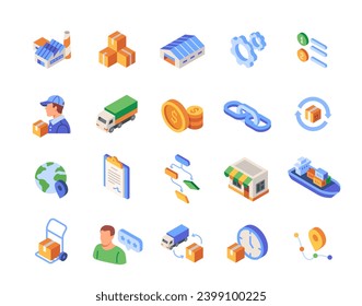 Supply chain color icons set. Bunch of stickers with vehicles for logistics, delivery and shipping. Design element for application. Cartoon isometric vector collection isolated on white background