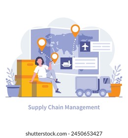 Supply chain concept. Coordinating flow of goods from origin to consumer. Optimizing logistics for seamless end-user delivery. Global supply network efficiency. Vector illustration.