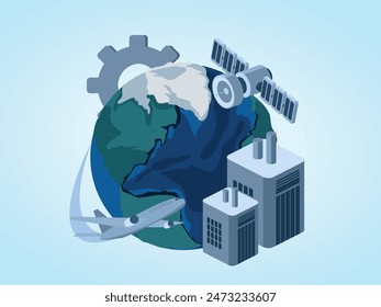 Supply Chain concept. Global logistics concept. Plane shipping. Satellite tracks the movement. Warehouse storage. Export and import