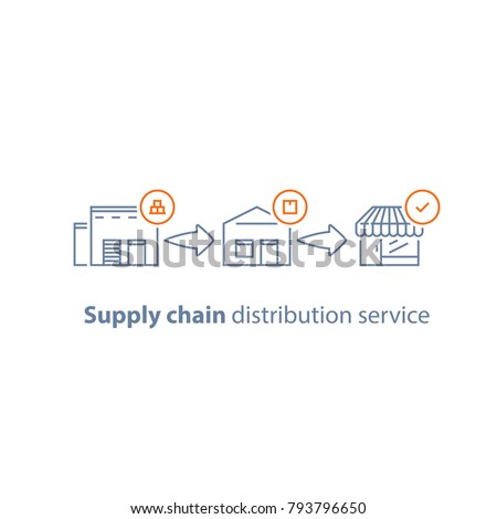 Supply chain concept, warehouse service, storage solution, goods distribution, shopping delivery, global shipping, parcel pick up point, collecting boxes, vector line icon set, linear illustration