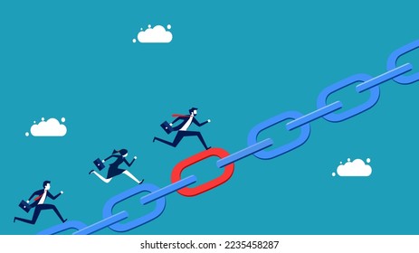 supply chain. Connecting chains together. Businessman running on metal chains