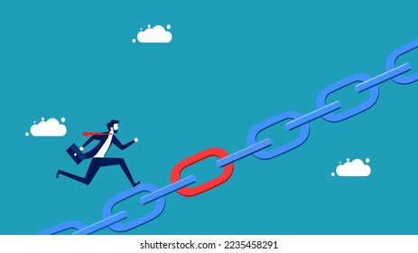 supply chain. Connecting chains together. Businessman running on metal chains