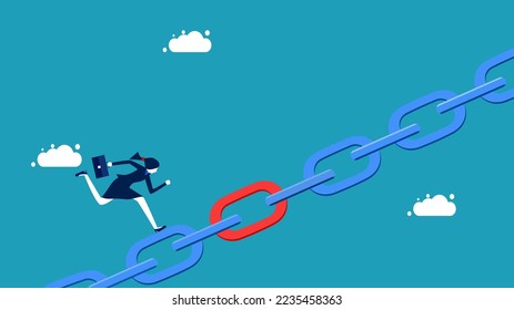 supply chain. Connecting chains together. Businesswoman running on metal chains