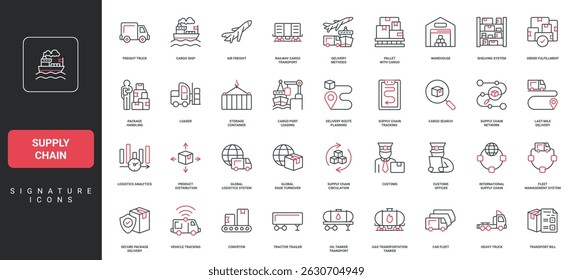 Supply chain, delivery and cargo transportation, logistic service and factory warehouse line icon set. Product box distribution, supplier search thin black and red symbols vector illustration