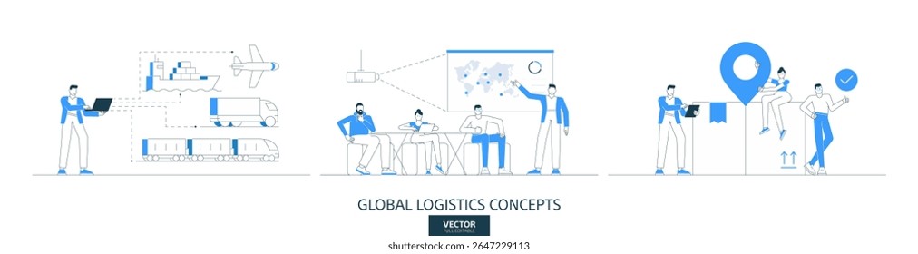 Supply chain, delivery service illustrations set in thin line style. Global import and export abstract linear vector design concepts. Logistics order flat icons. Business people characters team work.