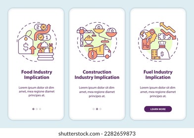 Supply chain disruption implications onboarding mobile app screen. Walkthrough 3 steps editable graphic instructions with linear concepts. UI, UX, GUI template. Myriad Pro-Bold, Regular fonts used