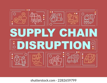 Supply chain disruption word concepts yellow banner. Distribution. Infographics with editable icons on color background. Isolated typography. Vector illustration with text. Arial-Black font used