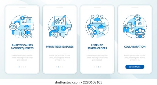 Supply chain disruptions blue onboarding mobile app screen. Logistics walkthrough 4 steps editable graphic instructions with linear concepts. UI, UX, GUI template. Myriad Pro-Bold, Regular fonts used