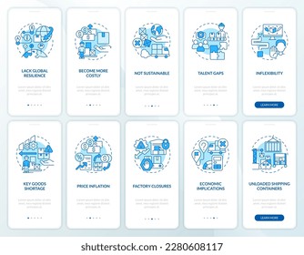Supply chain disruptions blue onboarding mobile app screen. Logistics walkthrough 4 steps editable graphic instructions with linear concepts. UI, UX, GUI template. Myriad Pro-Bold, Regular fonts used