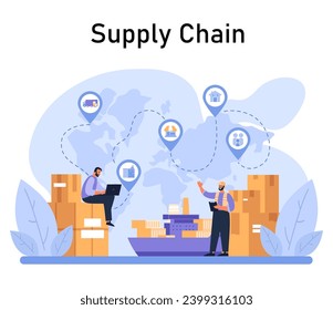 Supply Chain Dynamics concept. Global logistics network and distribution channels. Coordination of freight, warehousing, and shipping. Flat vector illustration