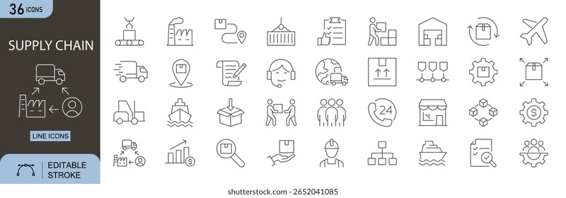 Conjunto de ícones de linha editável do Supply Chain. Inclui ícones para logística, estoque, depósito, transporte, distribuição, compras e processo de entrega. Traçado editável. Perfeito para infográficos.
