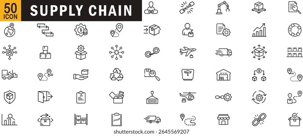 Supply Chain editable outline icon set. Delivery, logistics, warehouse, shipping, packaging and tracking.
