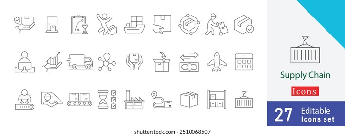 Símbolos esenciales del icono del movimiento de la cadena de suministro que contienen el transporte, comercialización, industrial, servicio, cadena de suministro, barco, caja, cadena y más diseño del icono