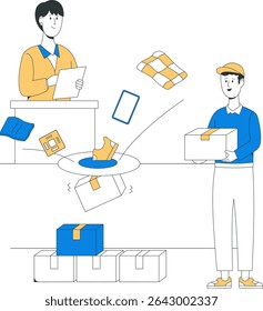 Supply chain harmony shows two individuals managing inventory and handling packages, featuring various items in a streamlined logistics process