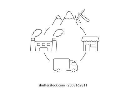 El icono de la cadena de suministro. Incluye una cadena de extracción de material, producción, entrega y consumo en la tienda