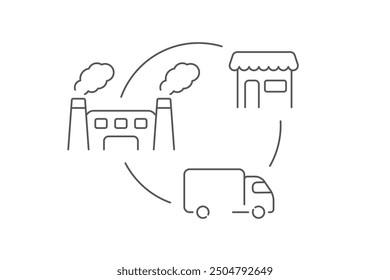 The supply chain icon. It includes a chain of production, delivery and consumption in the store