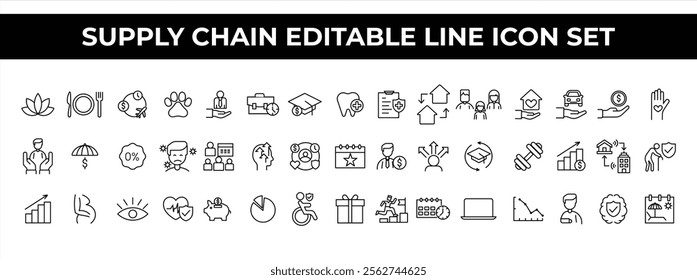 Supply Chain Icon Set with editable line icons of logistics, delivery, and inventory management symbols. Perfect for supply chain businesses, logistics apps, and marketing designs. Supply Chain icon