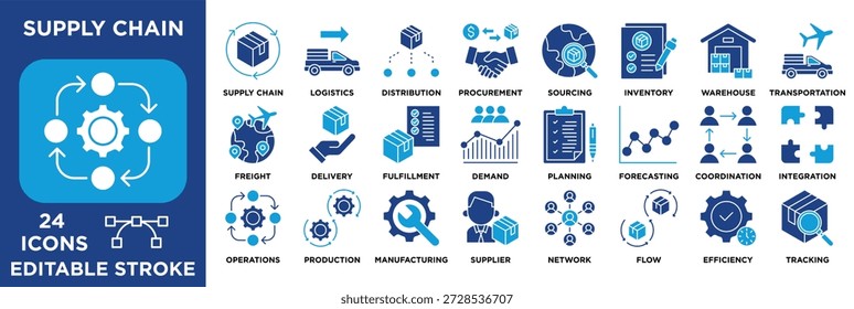 Conjunto de ícones da cadeia de suprimentos com logística, compras, estoque, armazém, fabricação, conceitos de fornecedores