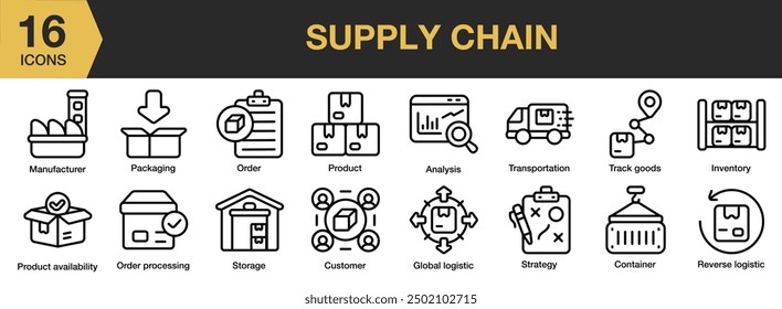 Conjunto de iconos de cadena de suministro. Incluye análisis, contenedor, pedido, producto, almacenamiento y más. Colección de Vector de iconos de contorno.