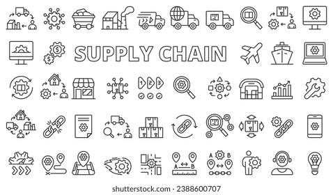 Diseño de línea de conjunto de iconos de la cadena de suministro. Logística, Distribución, Almacén, Inventario, Transporte, Gestión, Envío, Entrega de ilustraciones vectoriales. Iconos de trazo modificables de la cadena de suministro.
