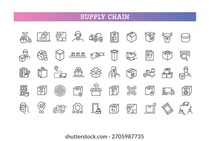 Supply Chain Icon Set. Logistics, Shipping, Delivery and Warehouse Line Icons