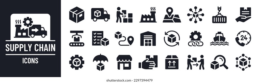 Supply chain icon set. Shipping, logistics, delivery, product, distribution, factory, warehouse, box, industry and shipment icons. Solid icon collection.