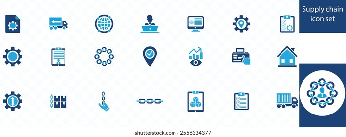 Supply chain icon set. Shipping, logistics, delivery, product, distribution, factory, warehouse, box, industry and shipment icons. 