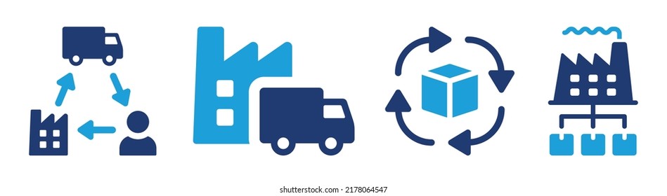 Vektorset der Lieferkette Industrieproduktion mit Vertriebsprozess und Logistiksymbolgrafik.