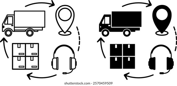 Supply Chain Icons. Black and White Vector Illustrations. Headphones with Microphone, Cargo, Truck, and Geolocation Icon. Delivery Service Operation. Logistics Concept