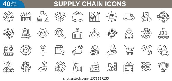 Supply chain icons set. Featuring logistics, transportation, warehousing, inventory management, global shipping, distribution, supply network, and more. High quality vector illustration