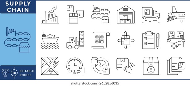 Conjunto de ícones da cadeia de suprimentos. Corrente de ligação, fábrica, armazém, caminhão, navio de carga, empilhadeira, código de barras, inventário, correia transportadora, programação, comércio global, e muitos mais. Traçado editável de vetor.