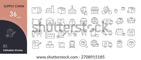Supply chain icons set for logistics, transport, warehouse, flow, delivery, production, and distribution. Editable stroke.