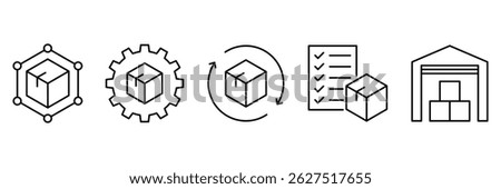 Supply chain icons vector logistics process inventory control warehouse management packaging gear checklist arrows box illustration distribution system outline graphic.