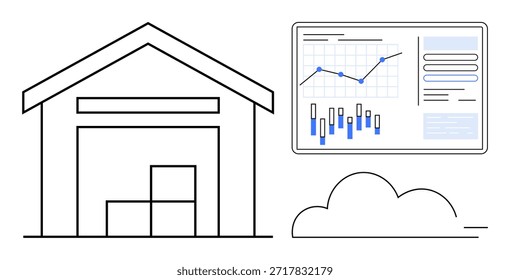 Cadeia de fornecimento, gerenciamento de estoque, logística, análise de dados, previsão, tecnologia digital. Depósito com caixas empilhadas, um gráfico e gráfico de dados. Conceito de logística e gerenciamento de estoque