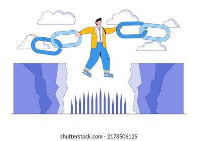 Supply Chain Issue, Industrial Business Risk Or Vulnerability, And Chain Connection Or Management Concepts Illustrations. Businessman Manager Solving And Holding Metal Chain Together.