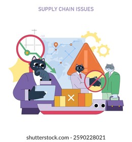 Supply Chain Issues illustration. This artwork shows the complexities of managing supply chains, featuring characters contemplating disruptions amidst graphs, warning signs, and cargo. The visual