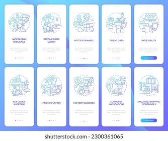 Supply chain issues maintain blue gradient onboarding mobile app screens set. Walkthrough 5 steps graphic instructions with linear concepts. UI, UX, GUI template. Myriad Pro-Bold, Regular fonts used