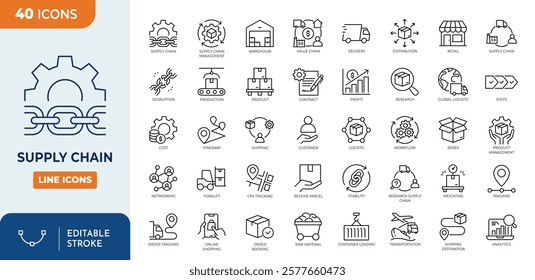 Supply chain line editable icon set. contain icons related to supply chain, value chain, logistic, delivery, manufacturing, commerce and more. vector illustration