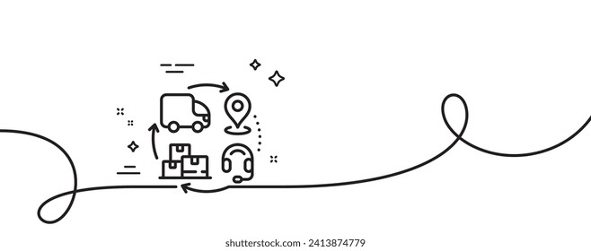 Supply chain line icon. Continuous one line with curl. Delivery logistics sign. Products supplier symbol. Supply chain single outline ribbon. Loop curve pattern. Vector