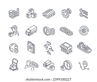 Supply chain line icon set. Transportation, shipping and logistics. Truck, cart and boat. Shopping and home delivery. Import and export. Linear isometric vector collection isolated on white background