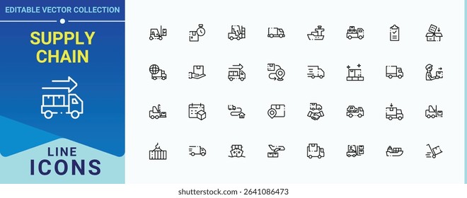 Supply Chain line icon set. It contains symbols to logistic, export, package, pack, logistics, tracking, train. Logistics line icon set. Icons for UI designs. Vector artwork and illustration.