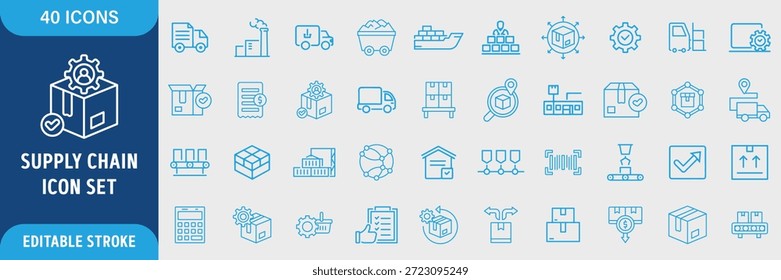 Conjunto De Ícones Da Linha Da Cadeia De Suprimento. Logística, Cadeia de Valor, Entrega, Fabricação, Comércio, Distribuição, Depósito e Ícones de Transporte. Traçado de Contorno Editável. Ilustração de vetor