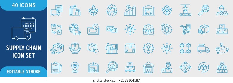 Supply Chain Line Icon Set. Logistics, Value Chain, Delivery, Manufacturing, Commerce, Distribution, Warehouse and Transportation Icons. Editable Outline Stroke. Vector Illustration